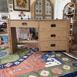 Vintage True Mid Century Modern Campaign Style Rattan Wicker Detail Desk 