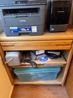 Solid wood printer table 29” l x 3” h x 19 1/2 d on coasters  other pieces to match