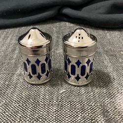 Sliver Antique Blue Glass Silver Salt And Pepper