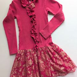 SOPHIE CATALOU Boutique Long Sleeve Skirt Dress Pink Red w/ Golden Lace Sz: 9-10