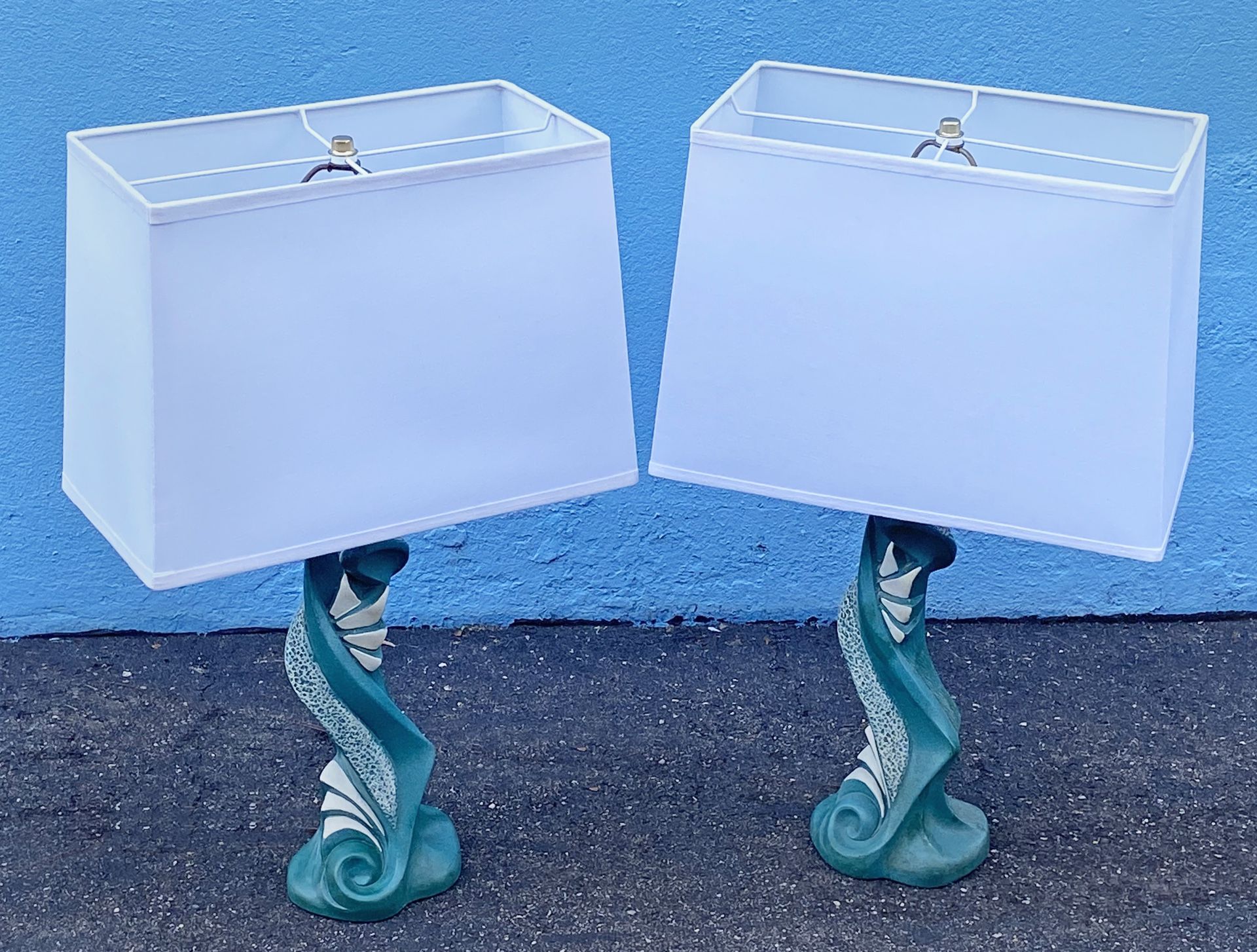 Pair of 1950's Art Deco abstract chalkware table lamps