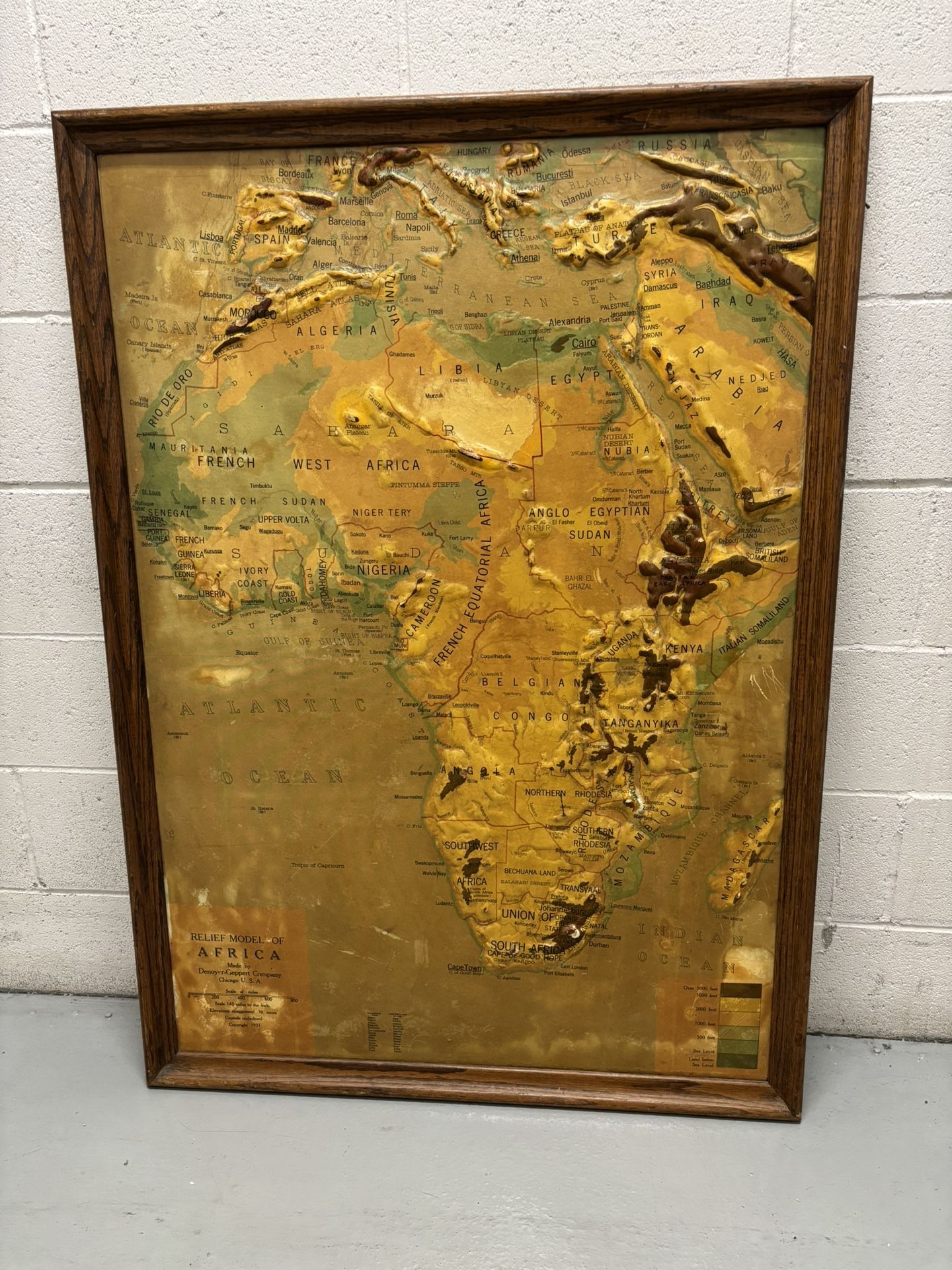 Framed Antique Raised Relief Map of Africa