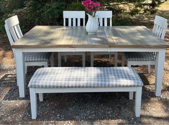 Dining set with butterfly leaf 4 chairs and a bench