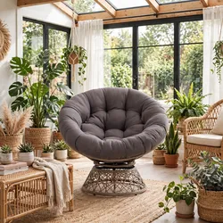 Swivel Papasan Chair — Wicker Base, Dark Grey Cushion (Brand New) - AXMJ