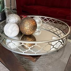 Decorative Mirrored Tray with Accent Balls- silver