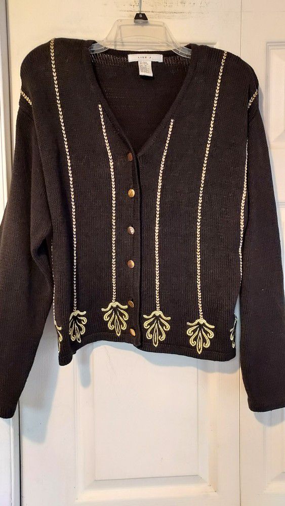 Lise J Womens Black Cardigan Sweater Gold Braid Embroidery Button Vintage Medium