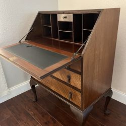 Antique Slant Front Desk With Drawers And Key 