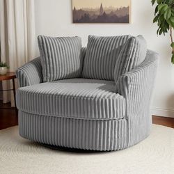 Dreamsidea Oversized Swivel Barrel Chair - Faux Rabbit Fur with Three Pillows