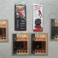 Lot of 6- Vintage (4) Upper deck MICHAEL JORDAN Highlight Reel Action Cards & (2) Wilson MICHAEL JORDAN Watches- SEALED