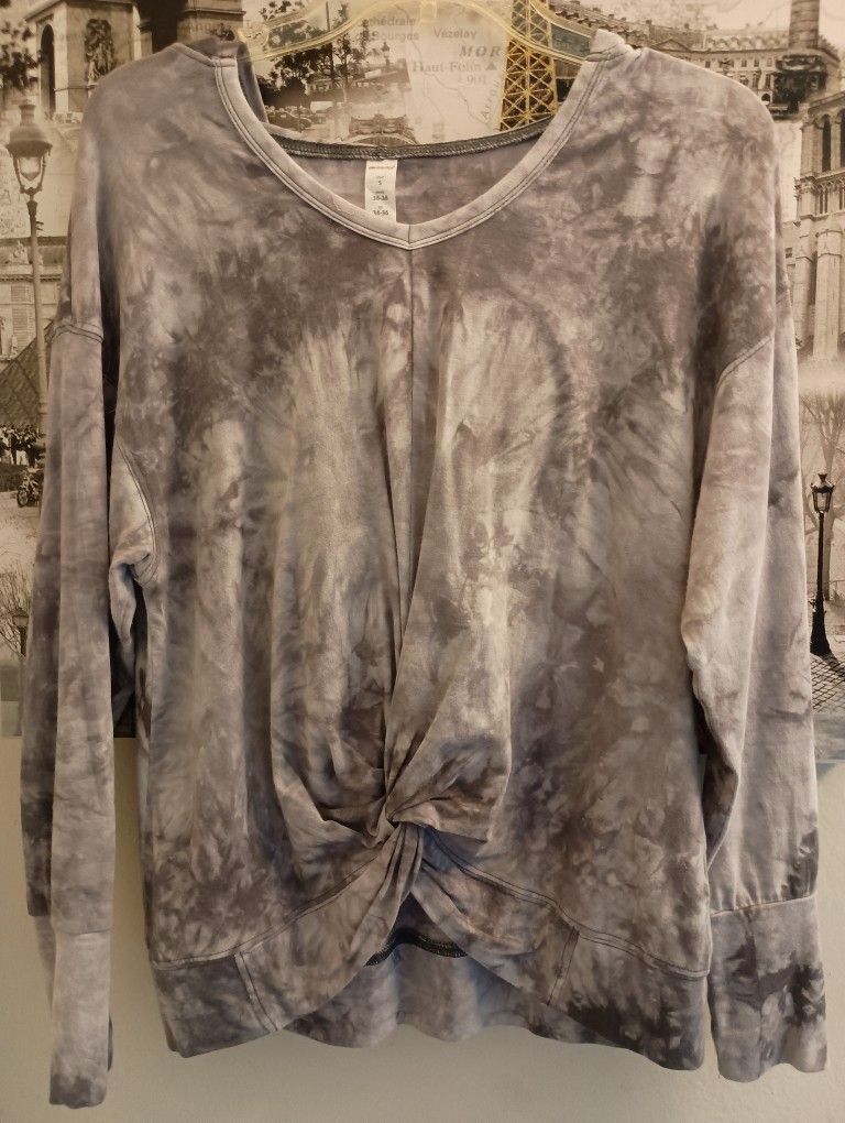 Ladies Grey/Purplish Tie Dye Long Sleeve Sweater With Hoodie.