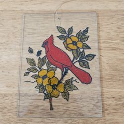 Stained glass red cardinal bird on branch with flowers, 6x8 inches home #birdlover