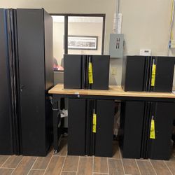 BRAND NEW- Husky 6 Piece Garage Set- 1 Tall Cabinet, 2 Base Cabinets, 2 Wall Cabinets And A Work table!