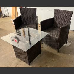 3-Piece Wicker Bistro Set Outdoor Patio Porch Deck Furniture. 2 Chairs, 1 Table w/wood and/or glass