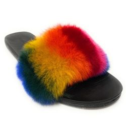 Bamboo Women’s Flat Slides FULL MOON Multicolor Fur Straps Sz 10  No Heels “NEW”