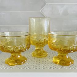 Set of 3 Vintage Tiffin Franciscan Madeira Cornsilk Yellow Glasses One 5 1/2“ tall pedestal glass and two 3 3/4”“ tall sherbet style  Beautiful 