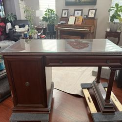 Mahogany Color Wood Desk With Glass Top