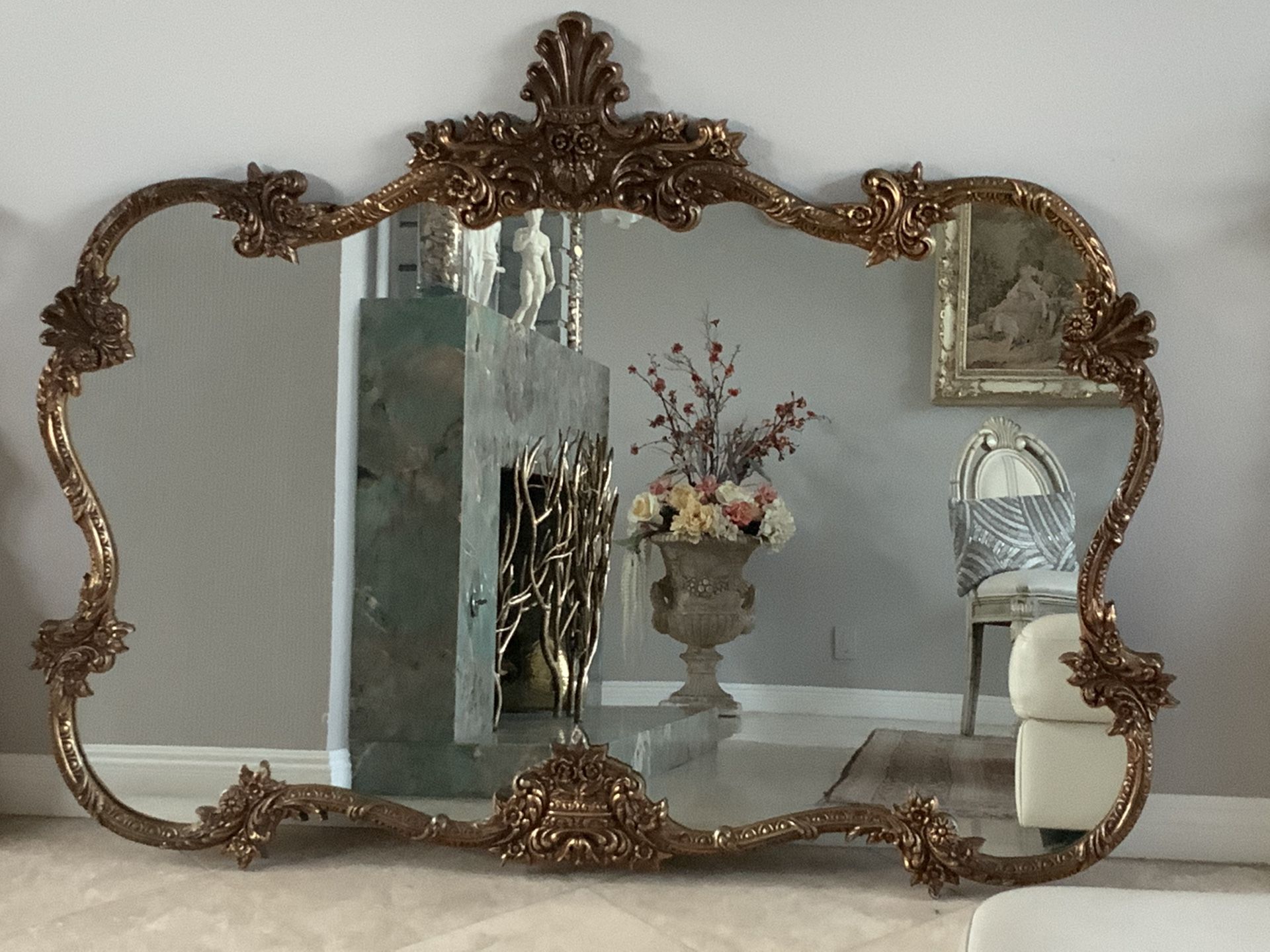 67”x50” huge antique mirror, frame is wood . This mirror is 95 yers old and is unique and characteristic. Must see ,is more beautiful in person