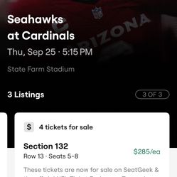 Cardinals vs Seahawks (Sep 25th) 4 Tickets VERY GOOD SEATS