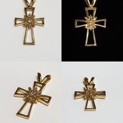 ✨ 14K Gold Cross Pendant • Diamond Starburst • ~0.40ct