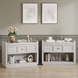 Wide Nightstands Set of 2, 31" Farmhouse Nightstands with Drawer, Grey