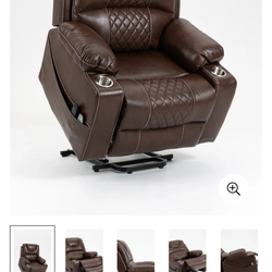 This beautiful leather EXTRA LARGE recliner/lift chair is gently used. It has an OKIN motor, it's comfy & heavy duty w/ 180 degree recline. massage an
