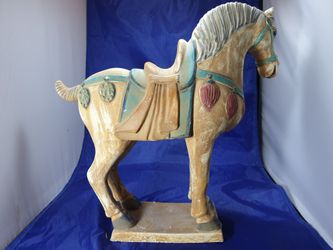 Chinese Antique Style Horse with Mane and Decorative Designs and With Stand Chalky