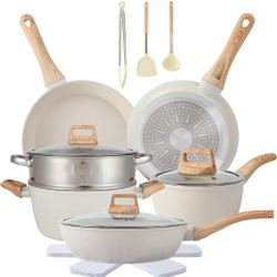 Anymark 16PCS Pots and Pans Set Non Stick Cookware Set Nonstick with Cooking Set (white, 16pieces)