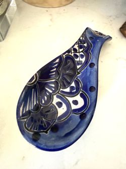 Blue & White Talavera Ceramic Spoon Rest
