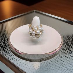 Vintage Faux Seed Pearl Cluster Ring On Metallic Stretch Band