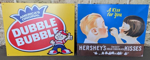 2 Tin Signs - Hershey's Kisses & Dubble Bubble - MADE IN USA