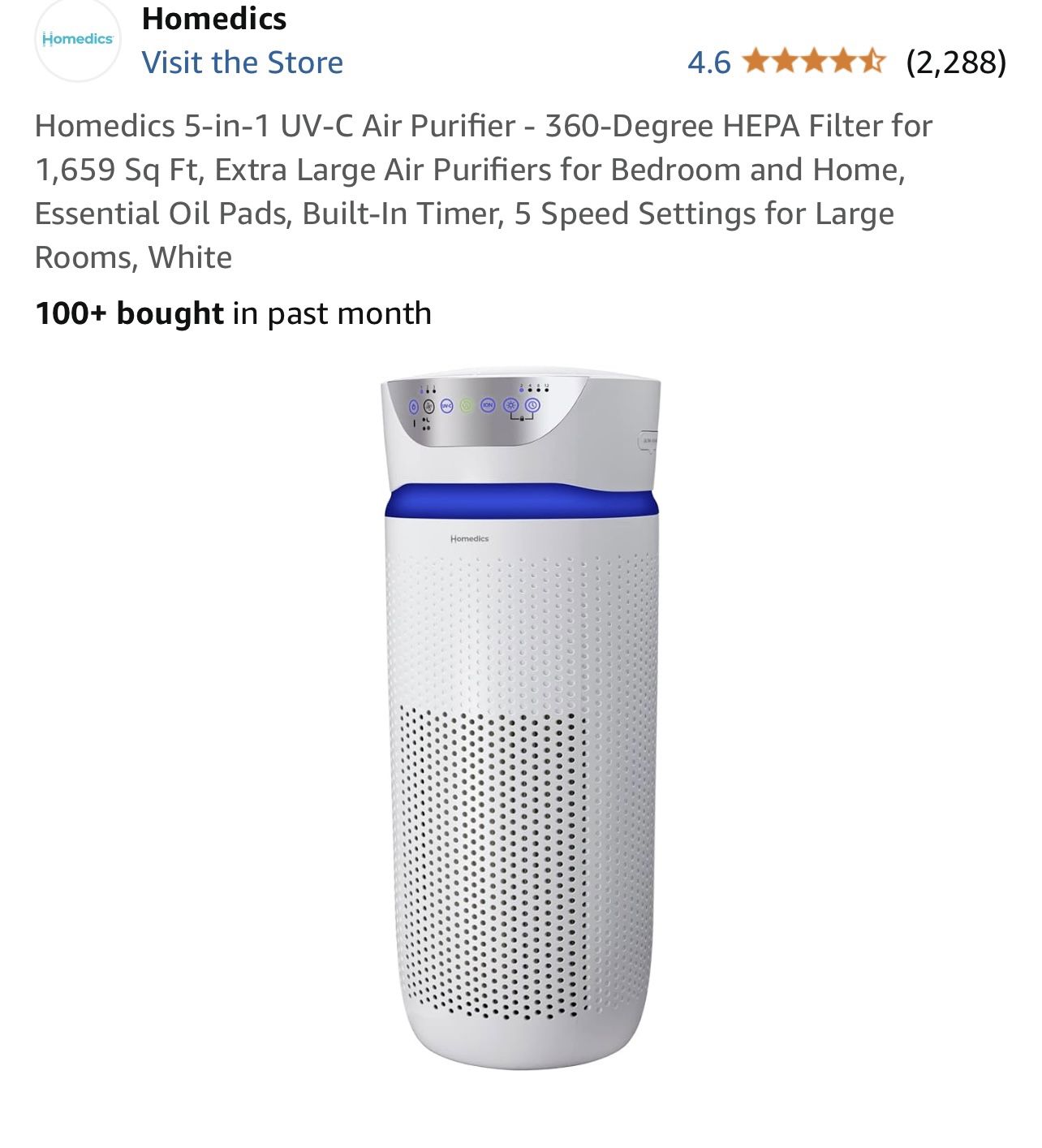 Homedics 5-in-1 UV-C Air Purifier - 360-Degree HEPA Filter for 1,659 Sq Ft, Extra Large Air Purifiers for Bedroom and Home, Essential Oil Pads, Built-