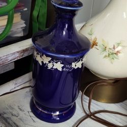 Vintage Cobalt Blue Lamp Hand Painted Ivy Leaves Reduced 