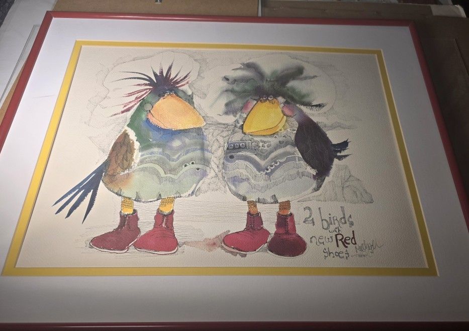 2 Birds With New Red Shoes By Nedobeck Print Framed 24x30" Original Signature On The Back