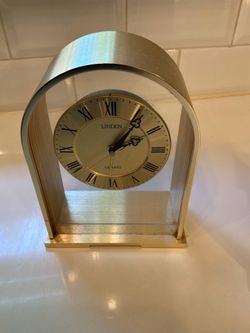 Linden Quartz Mantel Clock Japan Brushed Brass Tone Floating Arch Design Working Alarm