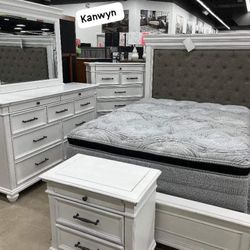 Kanwyn Whitewash Upholstered Panel Bedroom Set Bed, Dresser, Mirror, Nightstand, Chest 