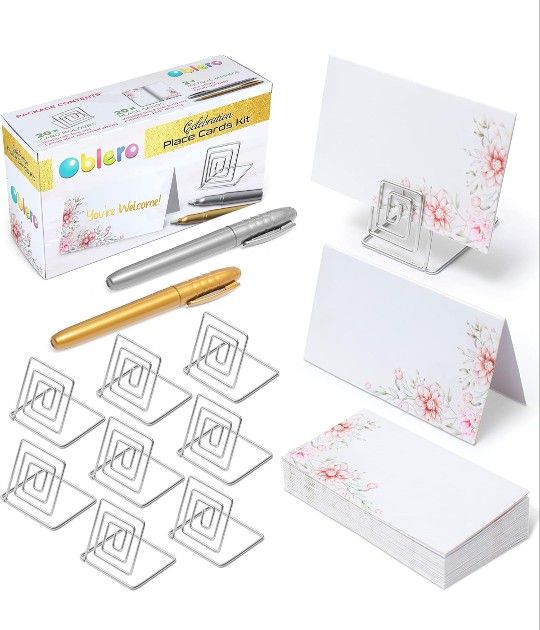 Brand New Place Card Holders for Table and Weddings - Silver 20 Pc Set with Flower Design - Beautiful Small Sign Holders with Name Cards and Markers