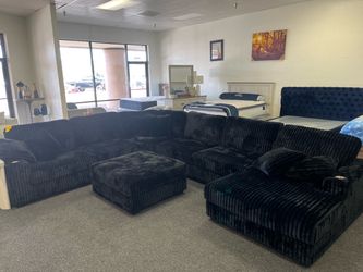 Black Corduroy Sectional Sofa with Ottoman