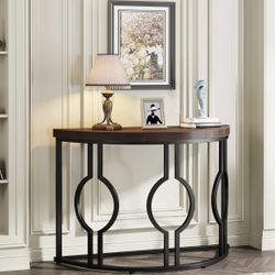 Half Moon Entryway Console Table – 43” Industrial Sofa Table with Geometric Metal Base