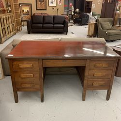 Vintage Wooden Desk W/ Glass Top 5a