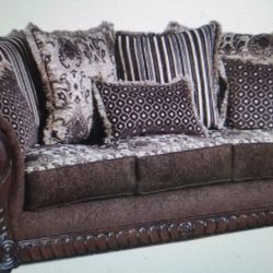 Rolled Arm Traditional Tan Fabric Sofa And Love Seat With Solid Wood Decorative  Trim