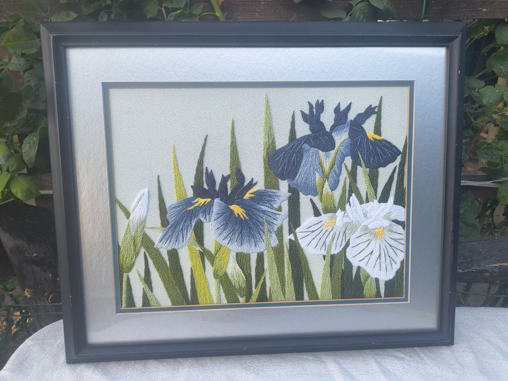 Vintage Chiyo's Framed  Blue Floral Needlepoint Art Japanese Bunka Needlecraft
