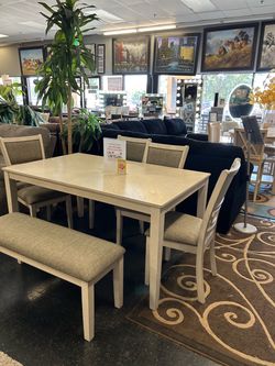White Dining Table Set with Chairs and Bench