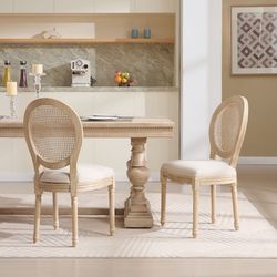 French Country Dining Chairs Set of 2 Upholstered Chairs with Nature Rattan 