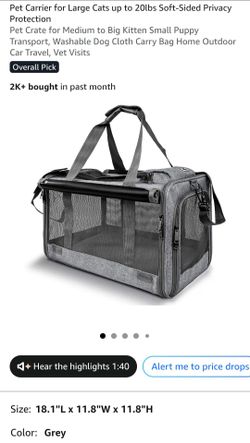 Pet Carrier for Large Cats Dogs up to 20lbs Soft-Sided Privacy Protection
Pet Crate for Medium to Big Kitten Small Puppy Transport, Washable Dog Cloth