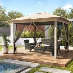 Costway 11.5 x 11.5 Ft Instant Pop-Up Canopy with Mesh Screen Netting, One-Hand Center Lock System, UPF 50+ Sun Protection, Beige (NP13037BE)