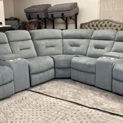 Velvet Gray Recliner sectional sofa with 2 Consoles