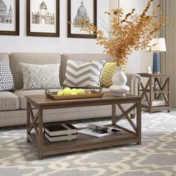 NEW (Dark Walnut) Farmhouse Modern Wood Coffee Table with 2-Tier Shelf Storage, Accent Furniture for Living Room