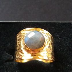Hand-hammered Brass Ring Blue Crystal Ring