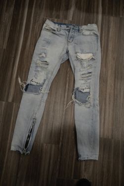 MNML Light Blue Washed Distressed Denim Jeans
