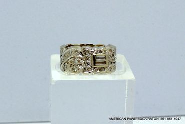 Baguette & Round Cut Diamonds Wide Band Vintage 14k White Gold size 7 